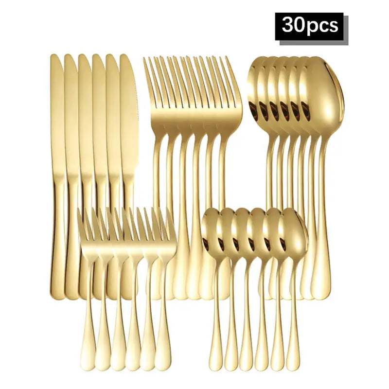 Golden Stainless Steel Tableware Set 6 Or 30 Piece Western Style Cutlery Knife Fork Spoon For Hotels Restaurants