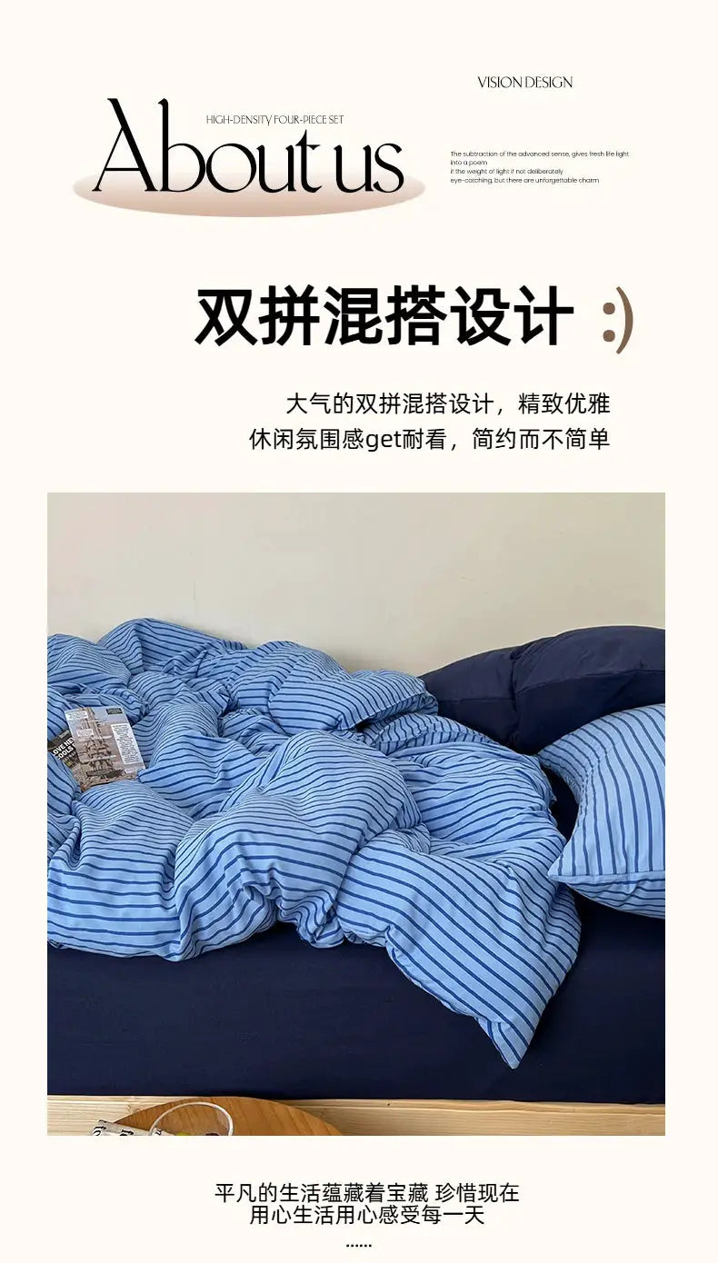 Blue striped bedding set with duvet cover, pillowcase and bedsheet on a bed