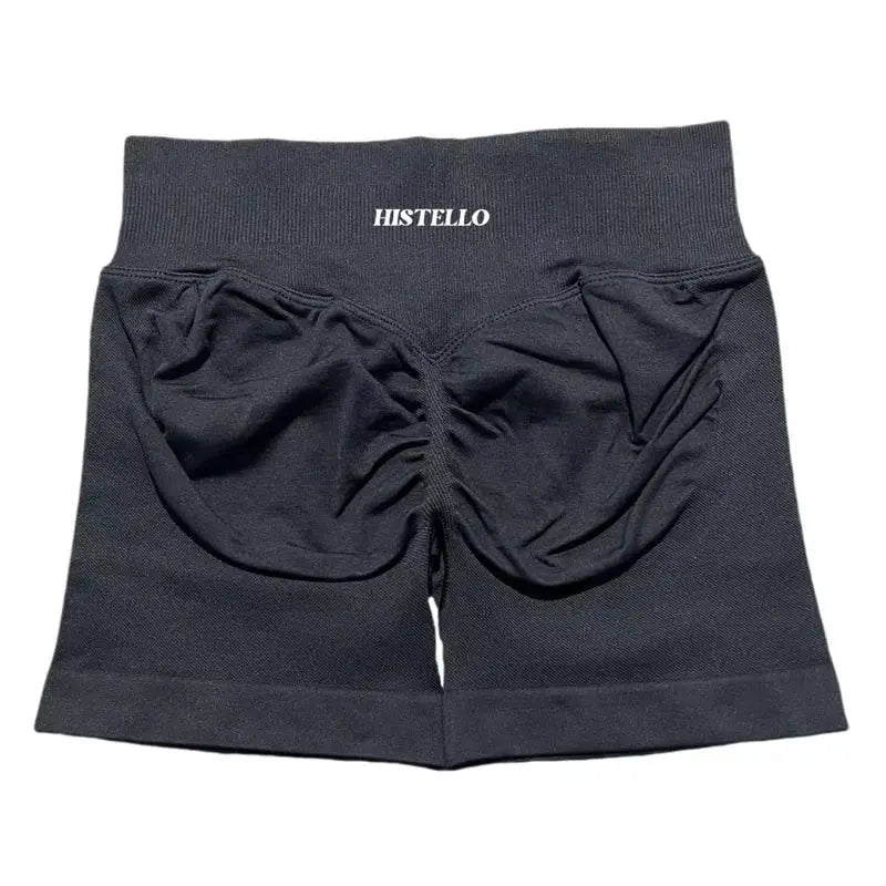 HISTELLO sports shorts, black seamless scrunch-back with elastic waistband.