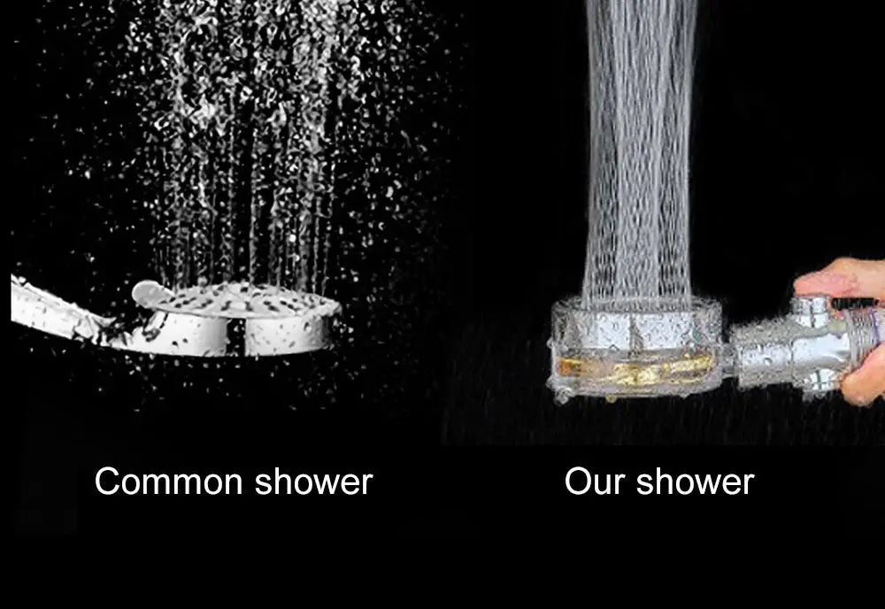 Simples Market high-pressure handheld shower head with filter in chrome finish; water-saving spray shown beside a common shower