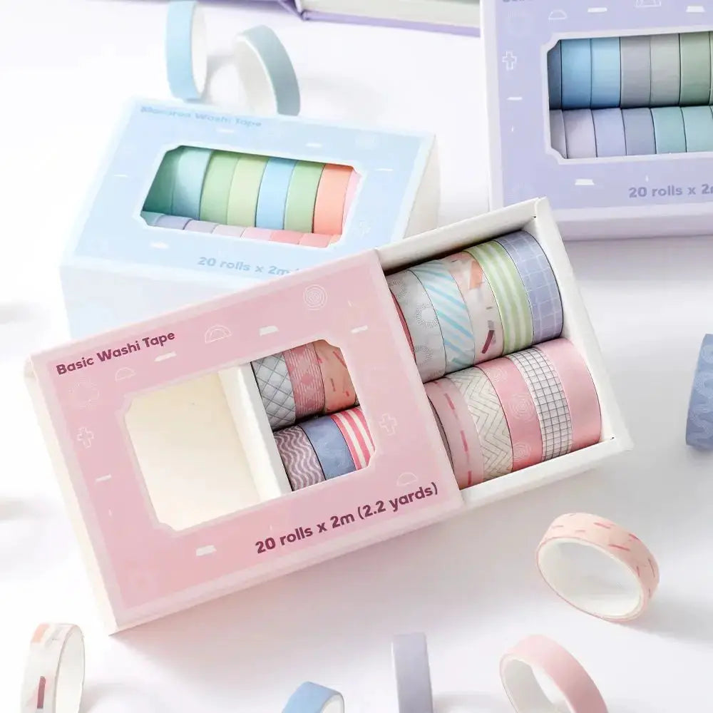 Pastel washi tape set in 3 boxes; 20 slim rolls each, 10mm × 2m, for journaling and scrapbooking.