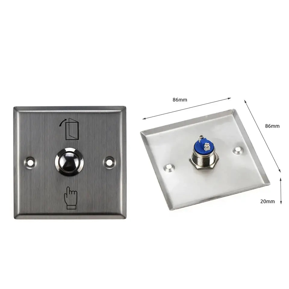 Access button door exit push switch on brushed metal square plate by Simples Market, blue terminal block