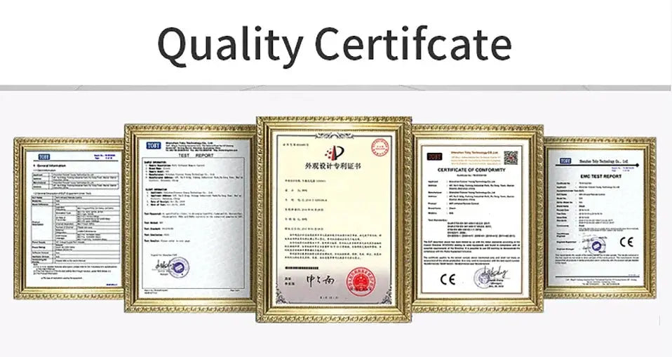 Quality certificate set: five gold-framed documents displayed on a light background.