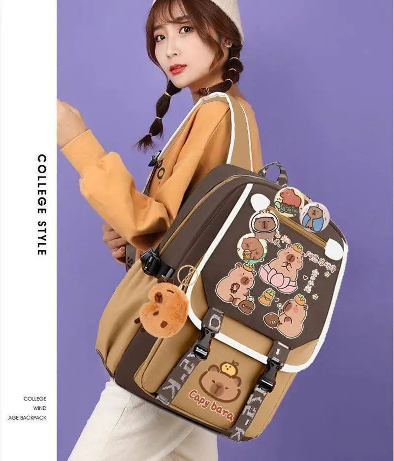 Kawaii Capybara khaki kid backpack by Simples Market with cute sticker art for school