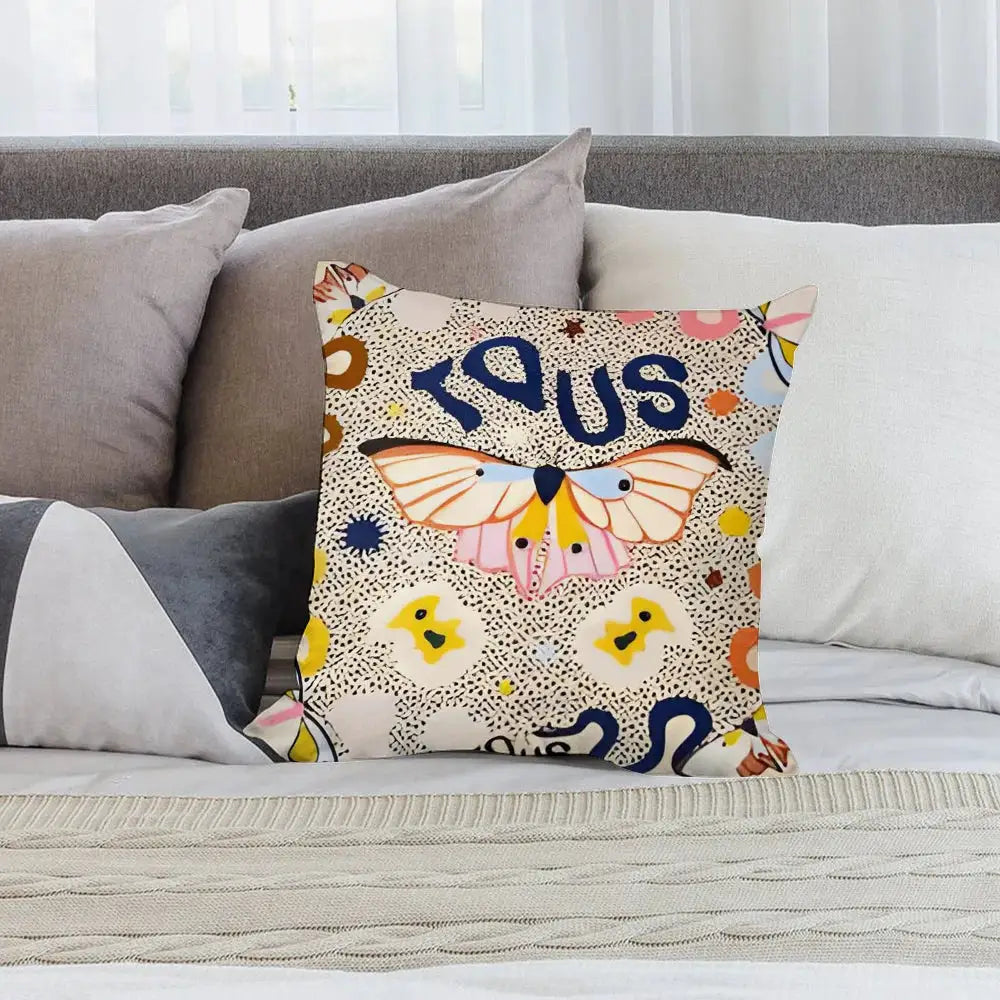Simples Market pillow cover; plush double-sided cushion with colorful butterfly print on beige background