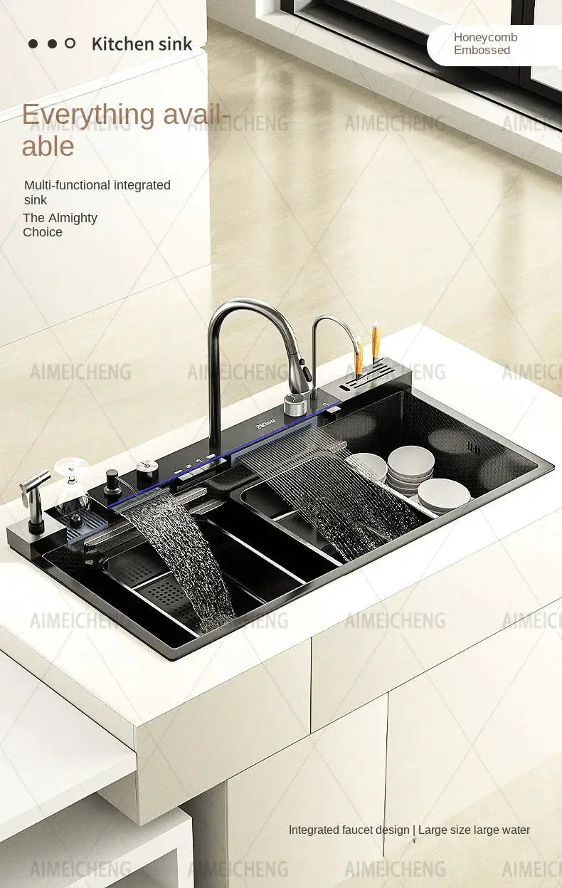 Simples Market large 304 stainless steel waterfall kitchen sink with integrated faucet and black accessory tray.