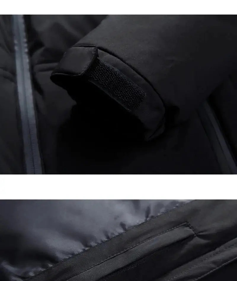Simples Market black hooded down jacket with zippered front and Velcro cuff, padded winter coat