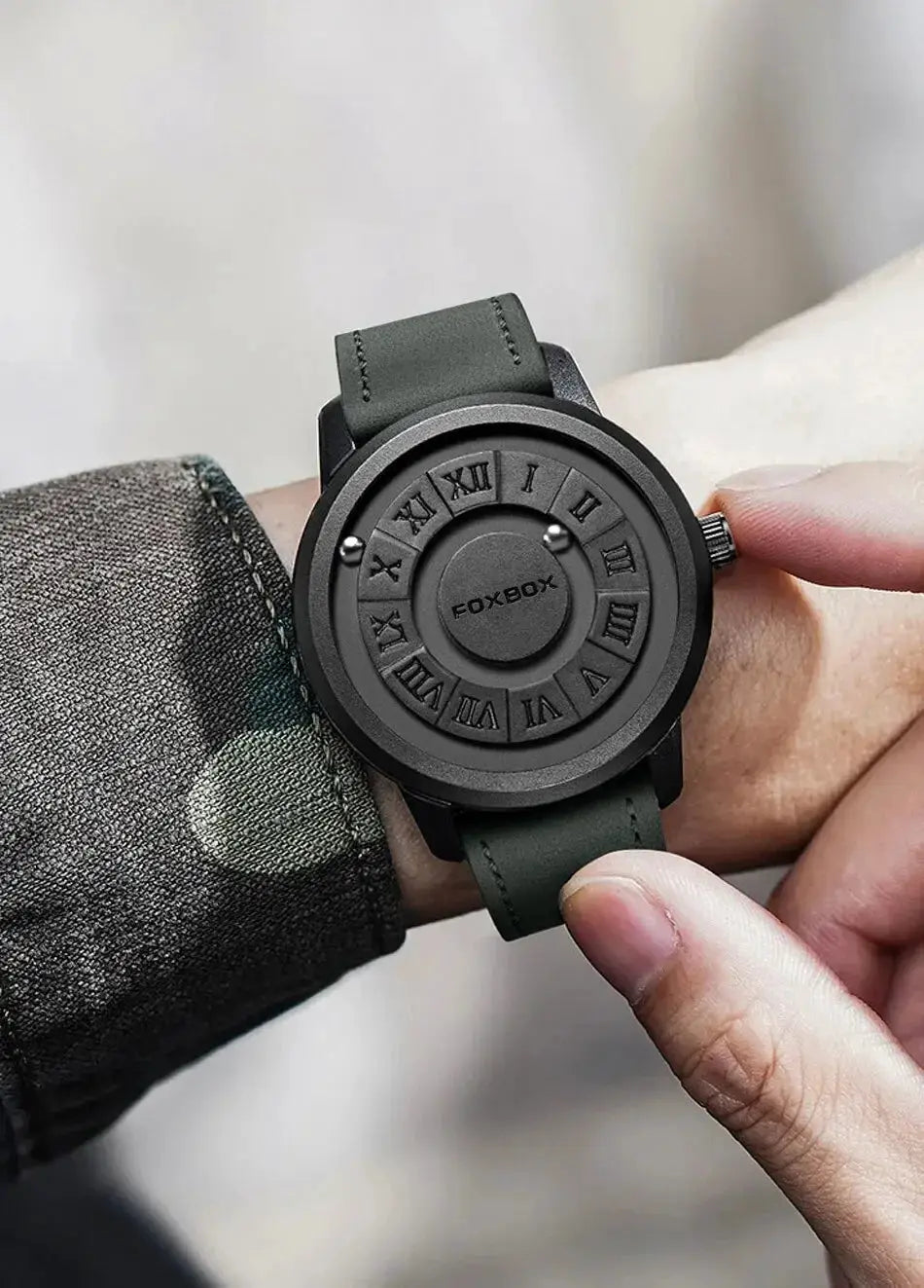 FOXBOX watch by Simples Market, black round dial with Roman numerals and green strap