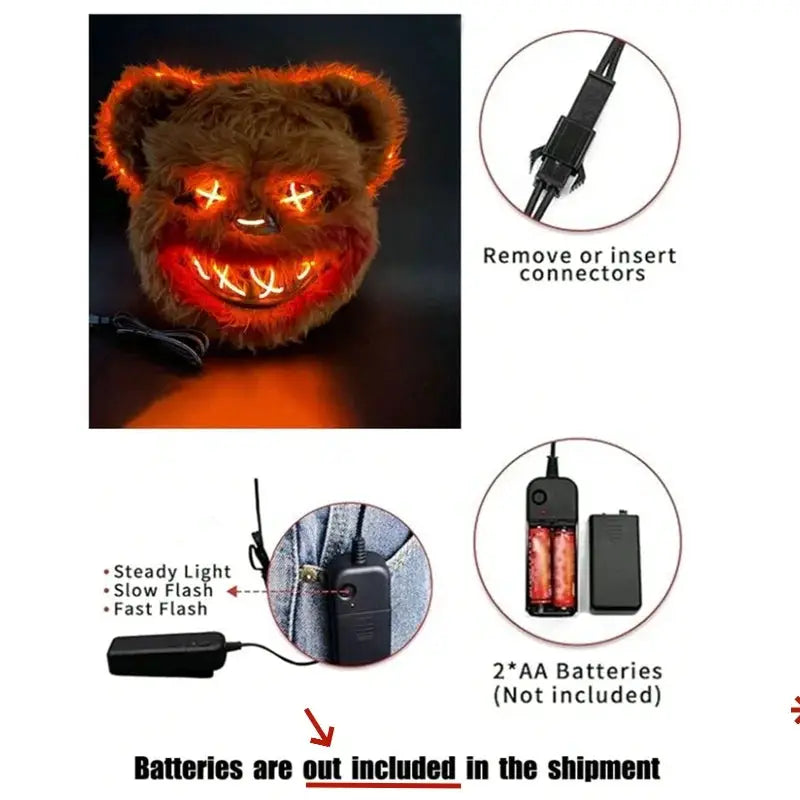 LED Light Halloween Cosplay Full Face Mask Horror Cartoon Rabbit Bear