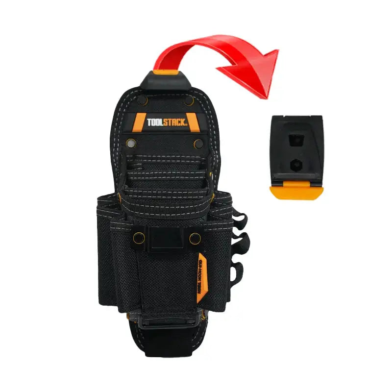 ToolStack waist tool bag, black with orange accents, high-capacity electrician storage