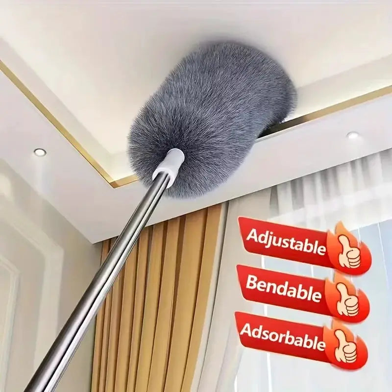 Duster with extension rod by Simples Market, gray microfiber head for ceiling cleaning; retractable, washable