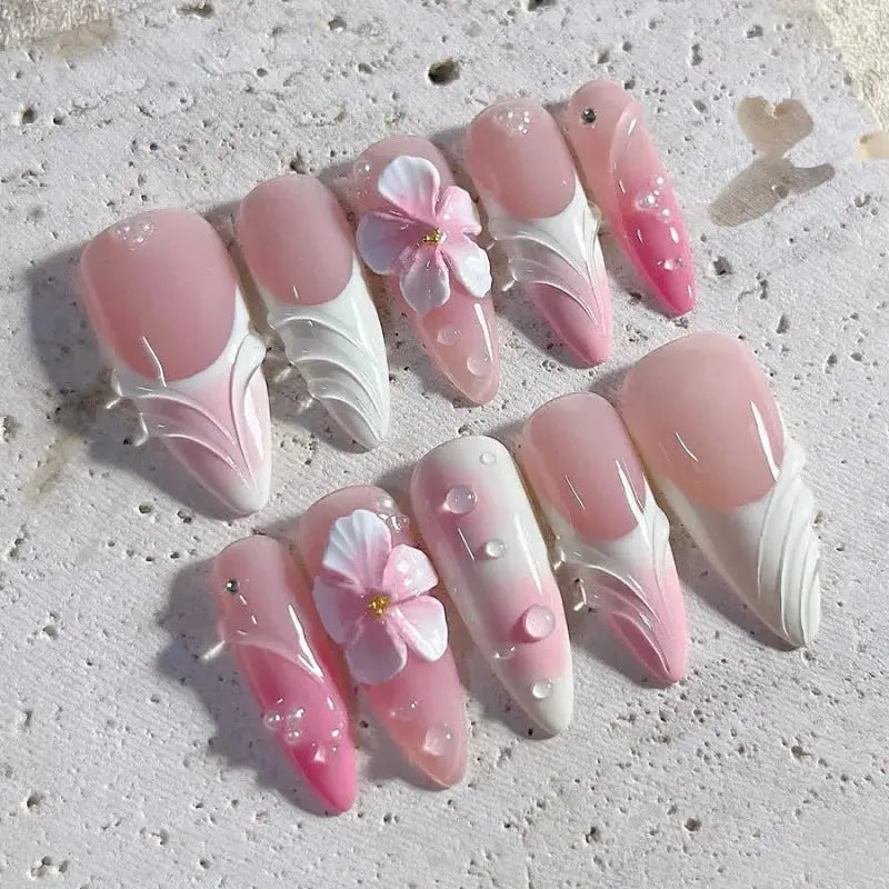 GlamNail Pink Almond Press On Nails Full Coverage Carved Flower 3D Ripple French Tips Golden Pearl Finish