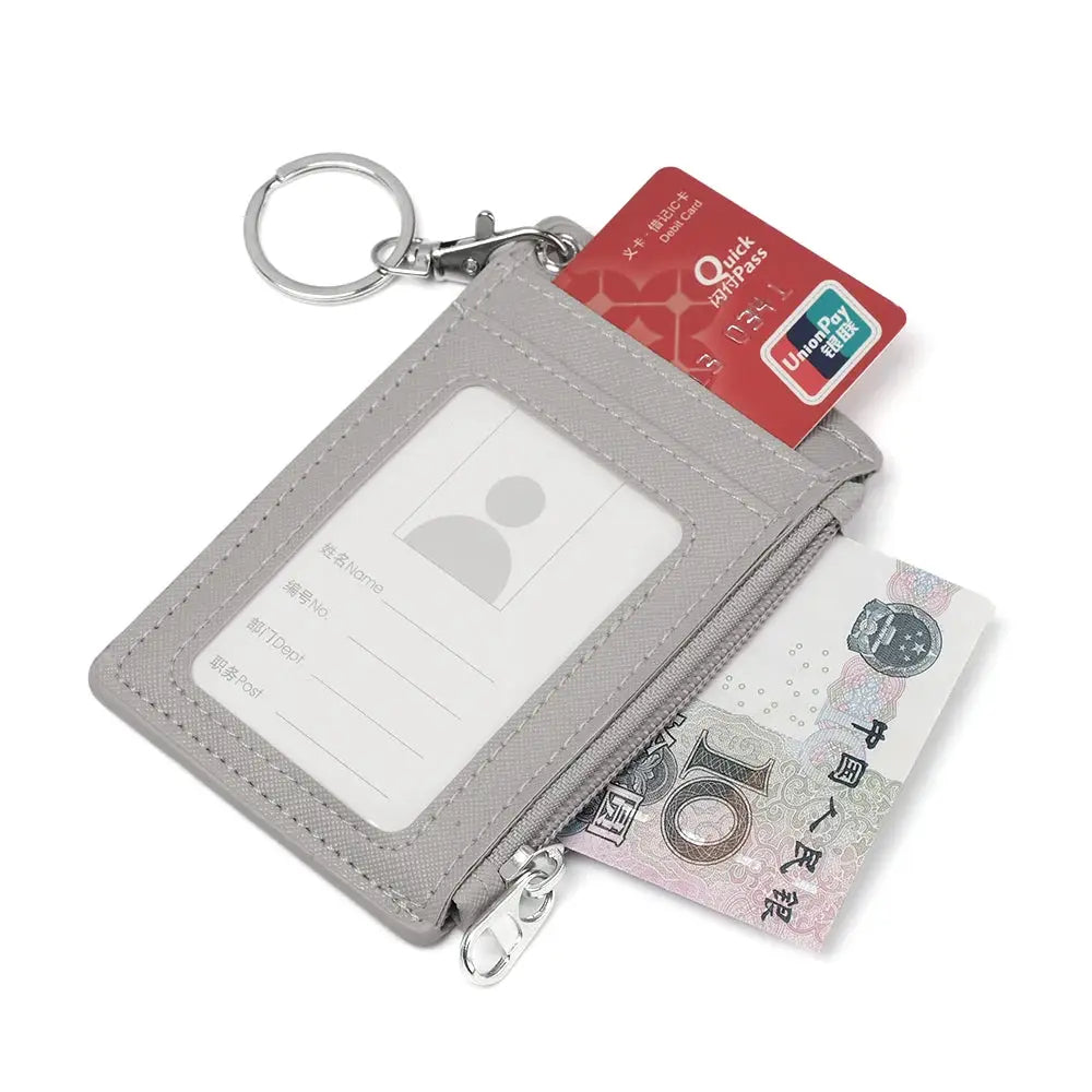 Mini gray PU leather wallet with ID card window and keyring.