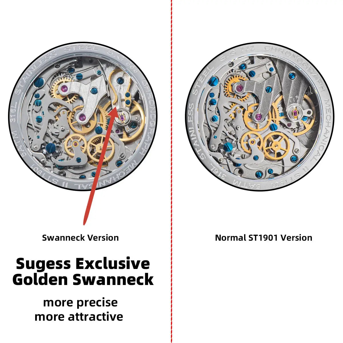 Sugess chronograph watch for men, two versions: golden swanneck and ST1901, sapphire crystal