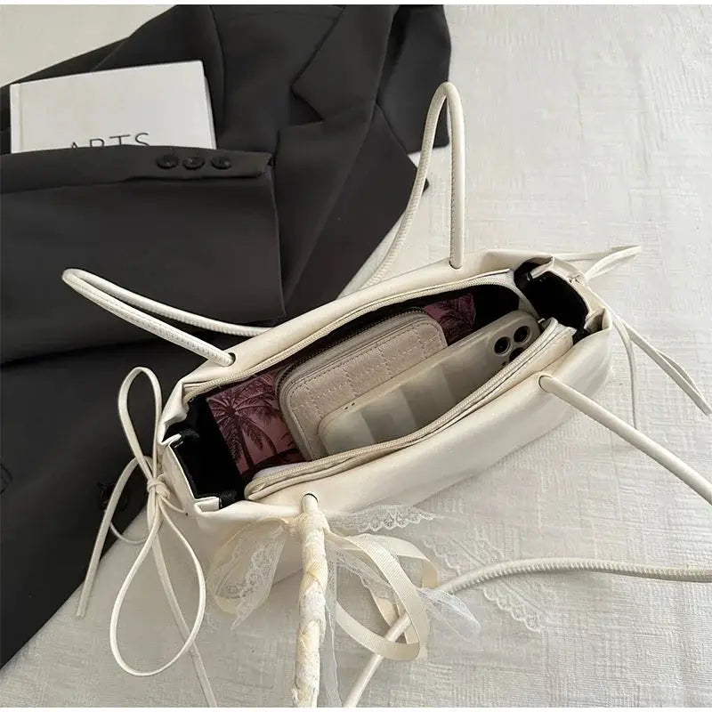 Simples Market French Elegant square PU shoulder bag with Korean bow and lace accents