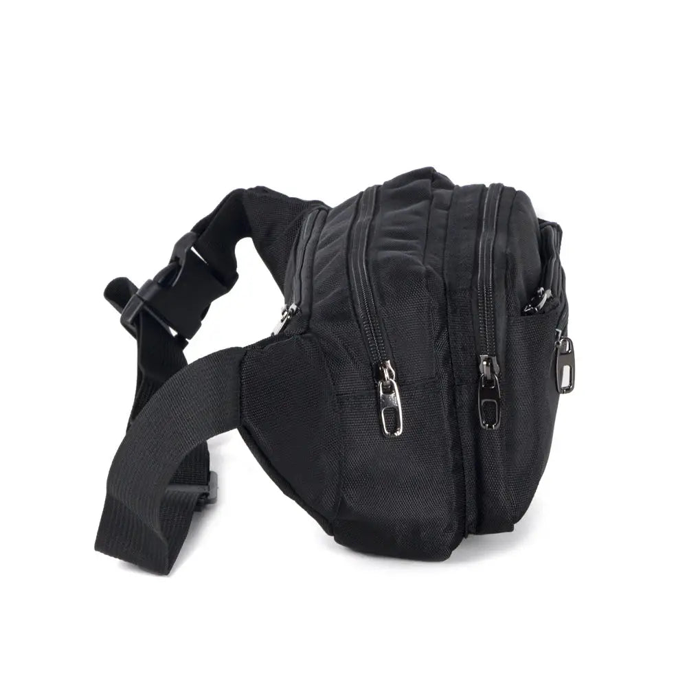 Waist pack in black with multiple zip compartments and an adjustable strap