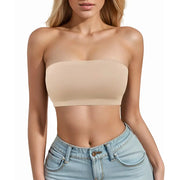 Strapless seamless tube top bra in beige; ultra-thin silicone non-slip underwear for off-the-shoulder looks.