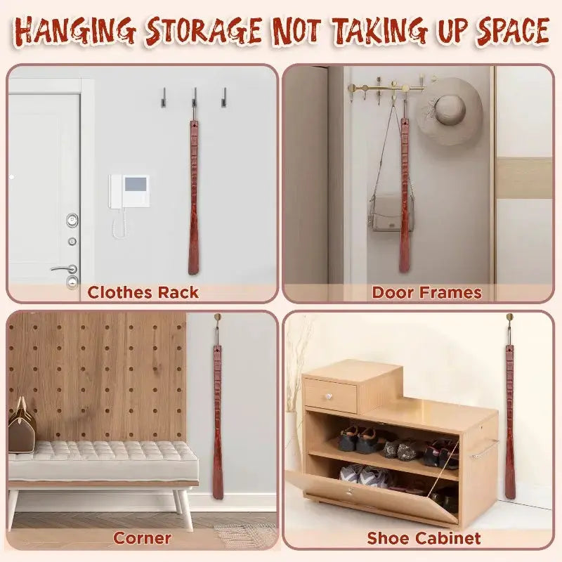 Solid Beech wood shoe horn with long non-slip handle; mounts on clothes rack, door frame, corner, and shoe cabinet.