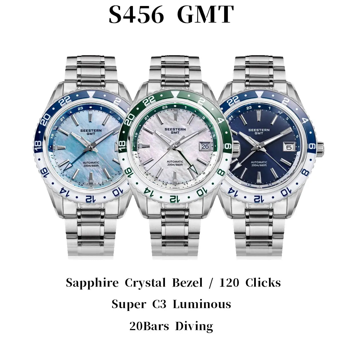 SEESTERN GMT automatic wristwatches, stainless steel bands, blue/green/navy dials, set of 3