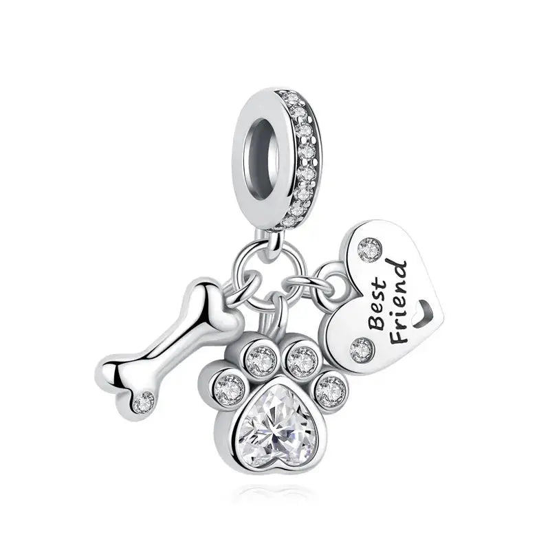 925 Sterling Silver Paw Print Charm Beads for Dogs and Cats Jewelry Pendant Fit for Bracelets Necklaces DIY Projects
