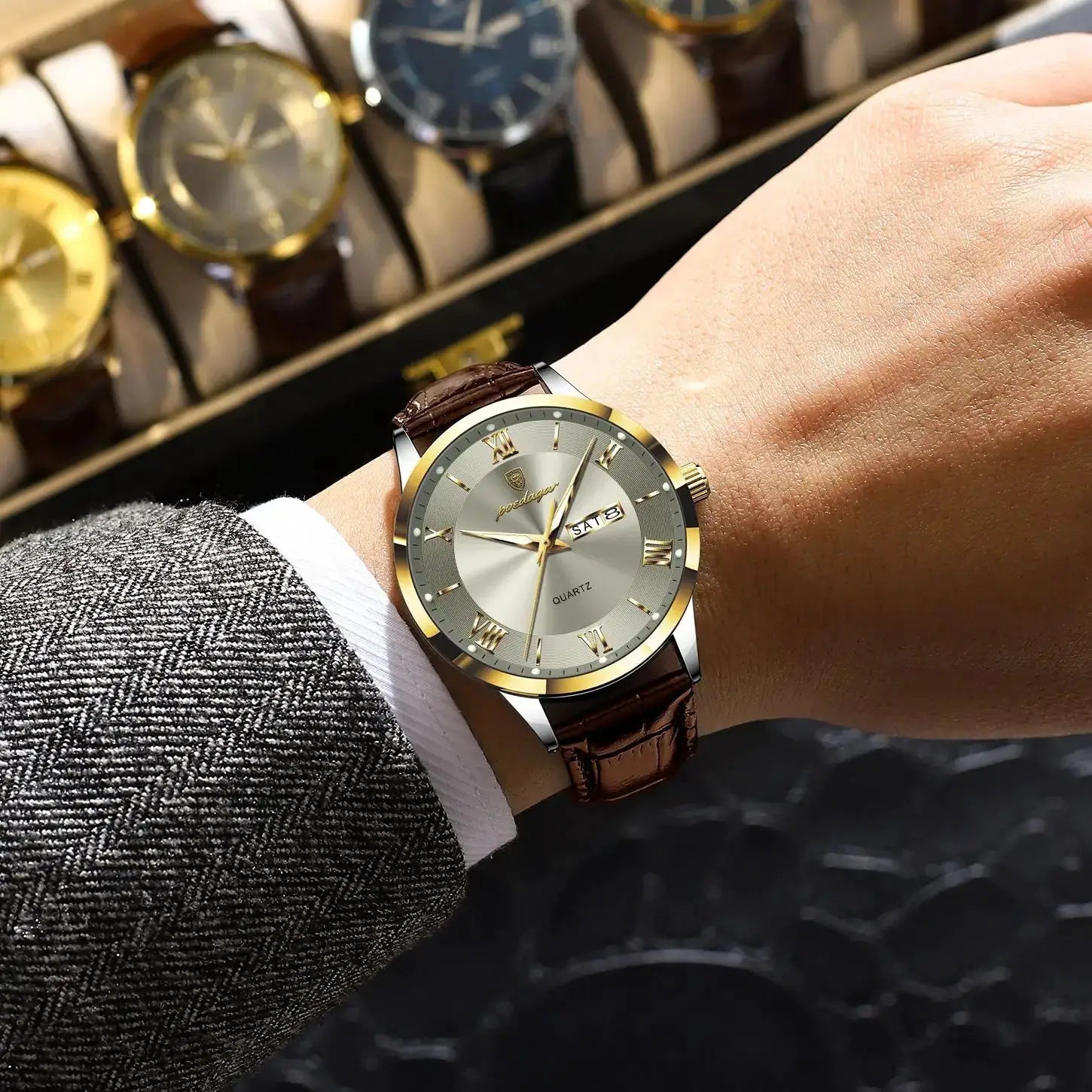 POEDAGAR Original Men Leather Strap Quartz Watch Luminous Waterproof Stainless Steel Case Timepiece