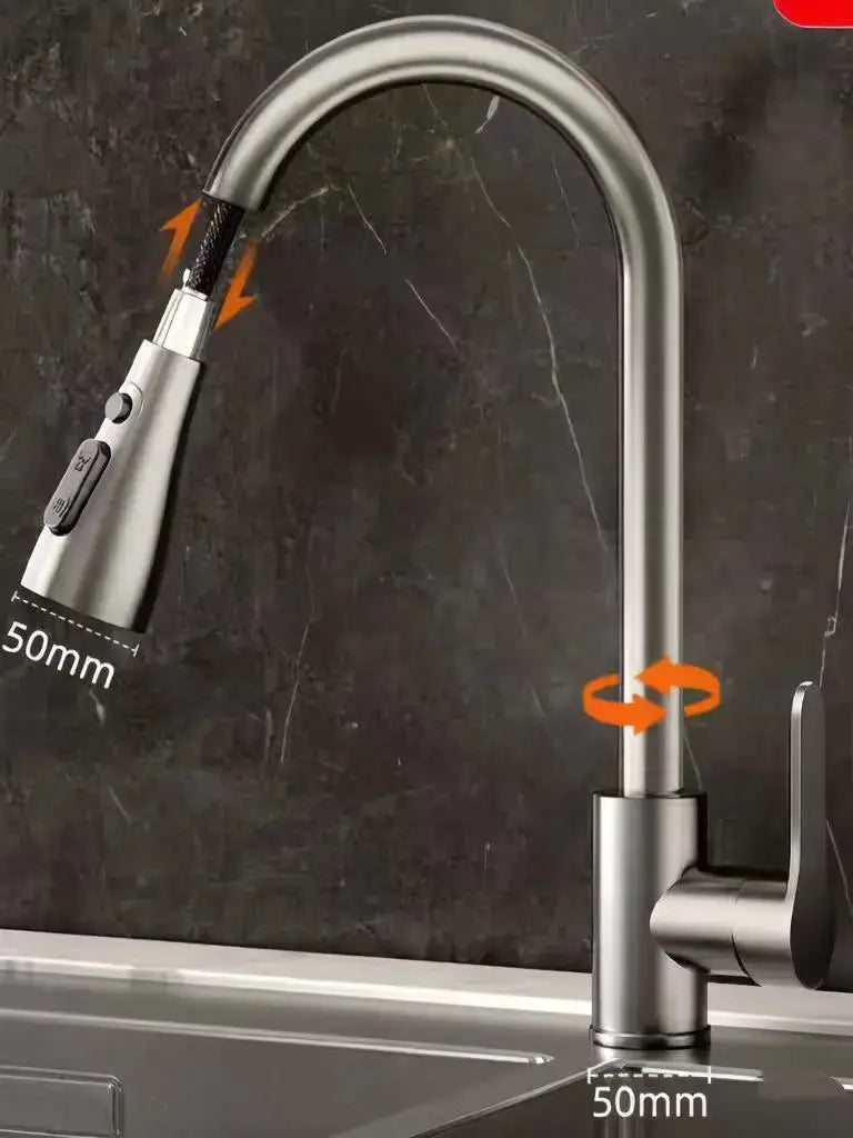Kitchen faucet with single-hole mount, tall chrome gooseneck and pull-out spray head in black, sleek mixer.