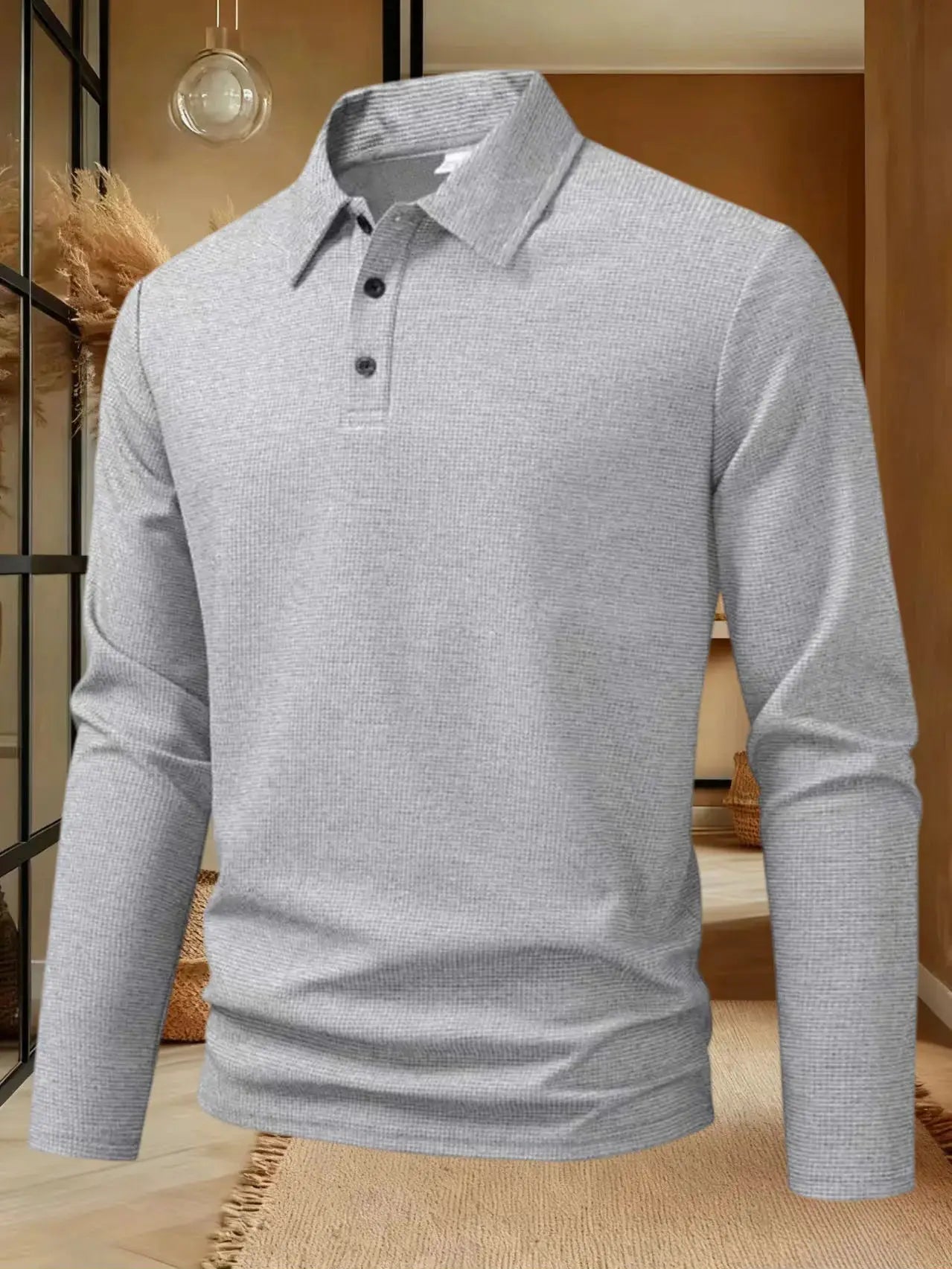Simples Market men's gray long-sleeve polo shirt, breathable solid knit for business casual