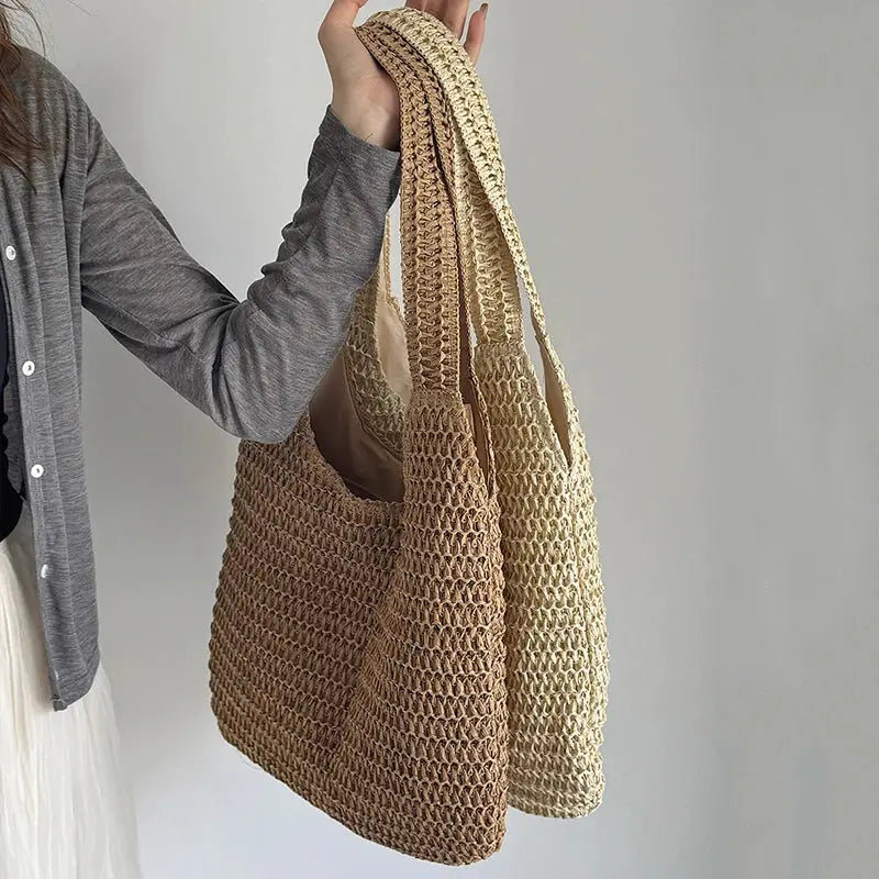 Woven rattan shoulder tote bags, two beige and brown, large-capacity beach casual purses.