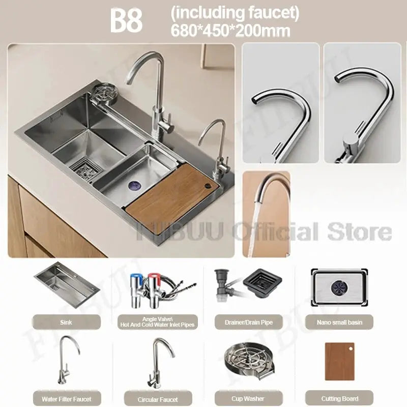 304 stainless steel kitchen sink, large single bowl, undercounter/topmount with Simples Market faucet and accessories