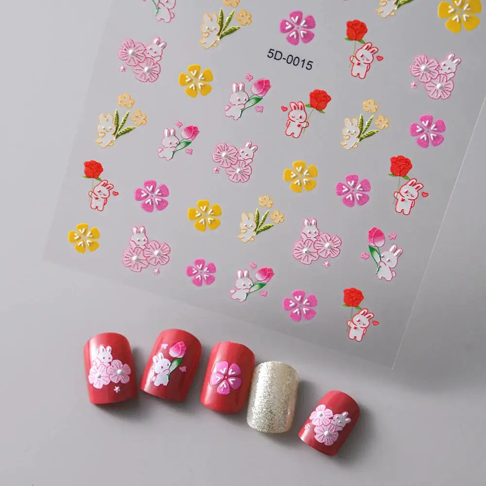 Nail charms sticker sheet with multiple 5D Macaron Flower/Fruit designs; bear and rabbit decals in pink, yellow, red