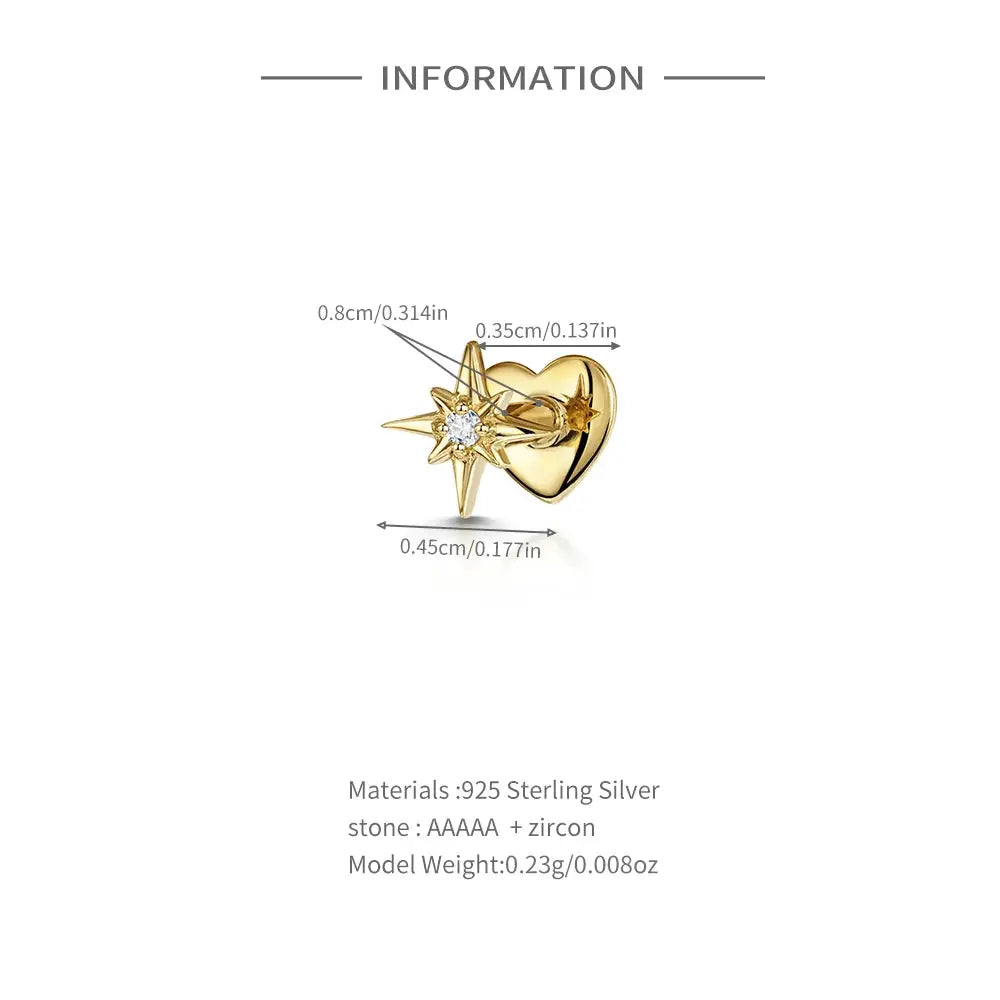 AIDE heart and star zircon ear stud in gold-tone 925 sterling silver for helix piercing.