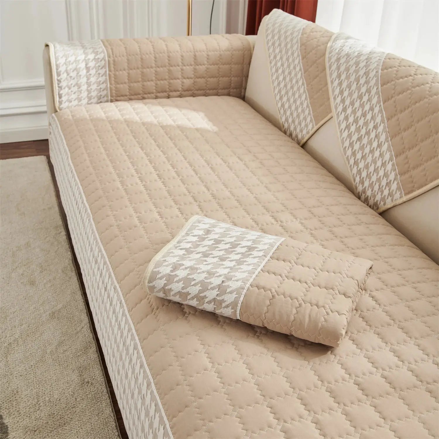 Beige quilted sofa cushion cover set with houndstooth lace edging; anti-slip, pet-friendly