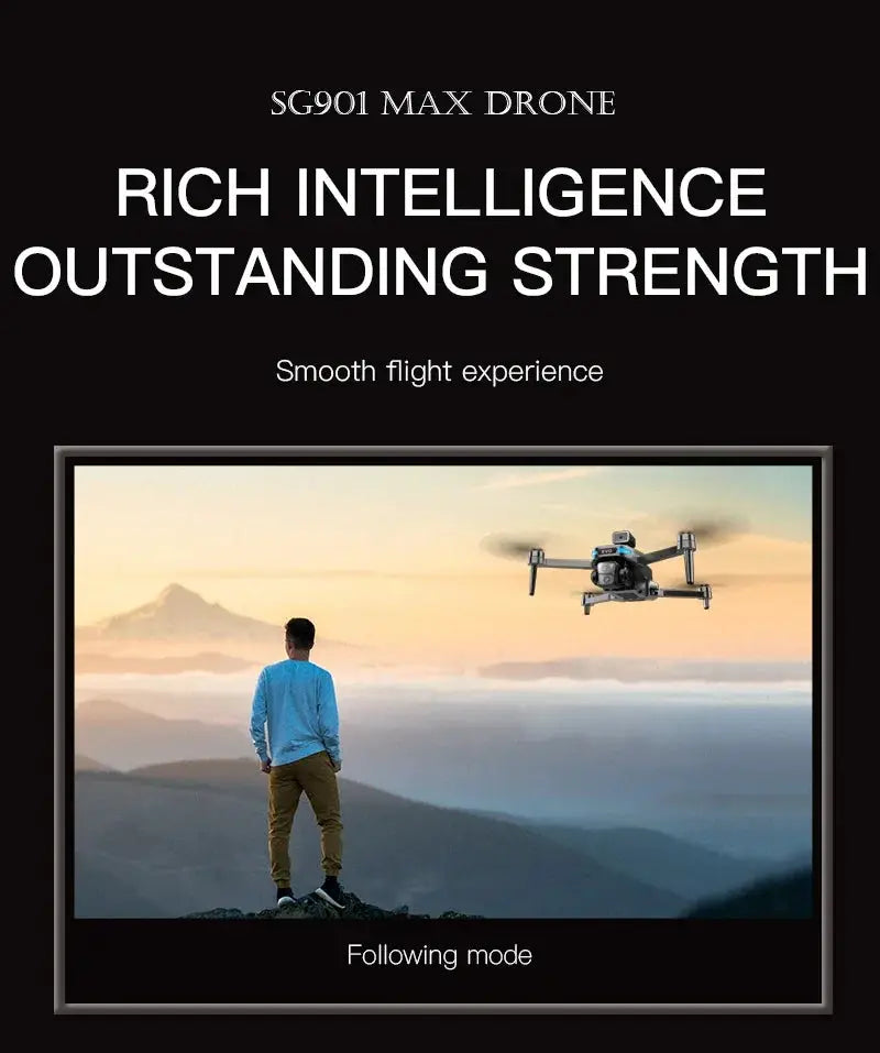 SG901 MAX drone in flight beside a person on a mountaintop overlook at sunset