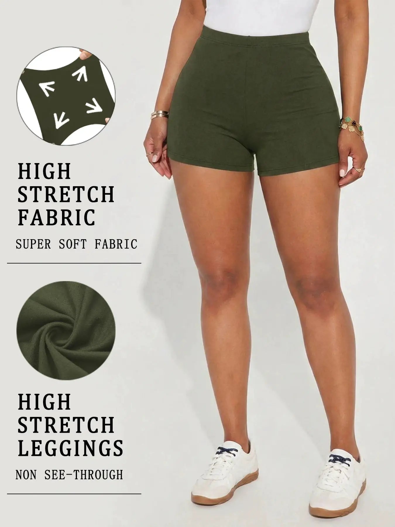 Simples Market olive-green high-stretch biker shorts for women with soft, non see-through fabric
