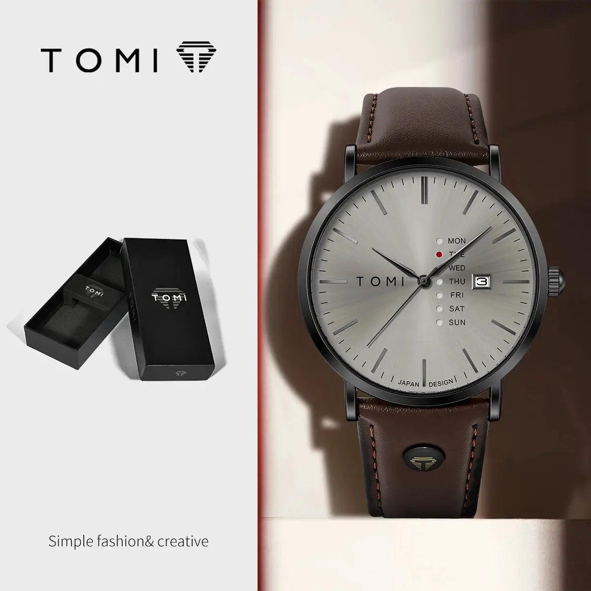 TOMI men's quartz watch with brown leather strap, silver dial, weekday calendar
