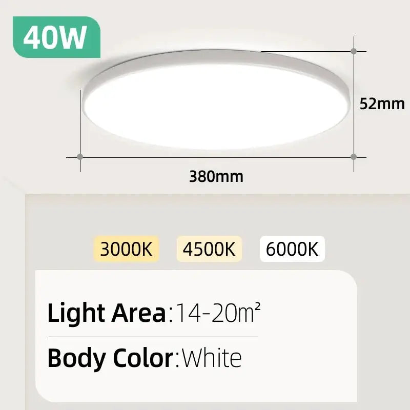 Simples Market 40W LED ceiling lamp, ultra-thin white panel, 380mm dia, 52mm thick, 3000K/4500K/6000K