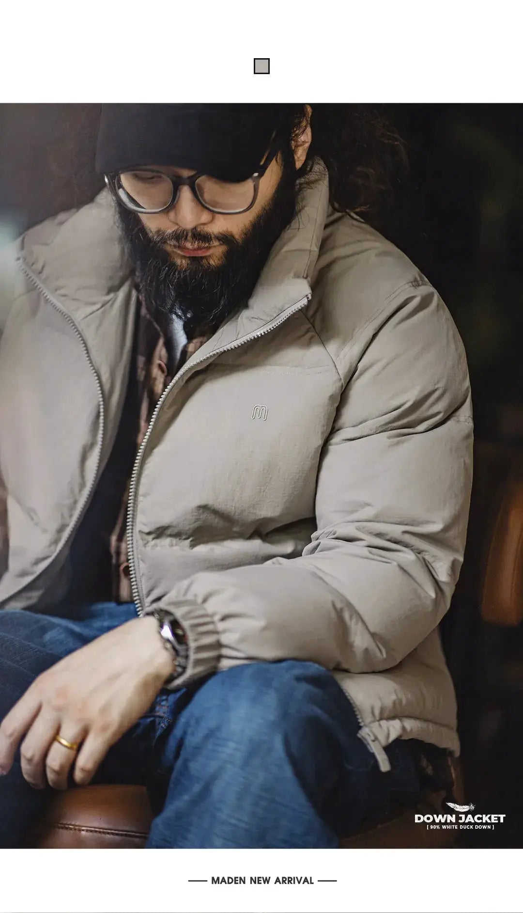 Maden Winter Down Jacket for Men in beige from Simples Market; stand-up collar, zip-front puff coat.