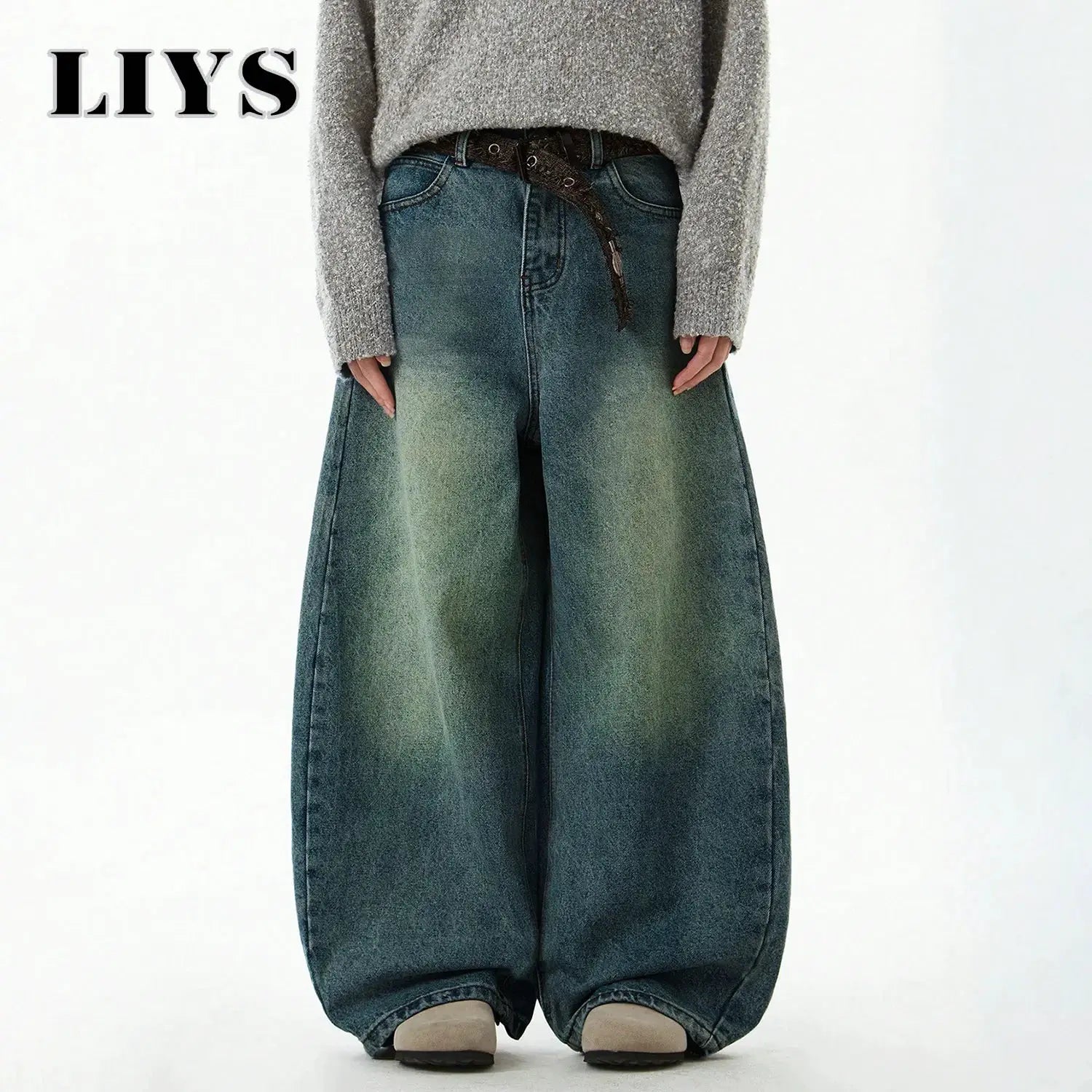 Men's blue wide-leg denim pants, baggy and vintage curved cut, LIYS logo