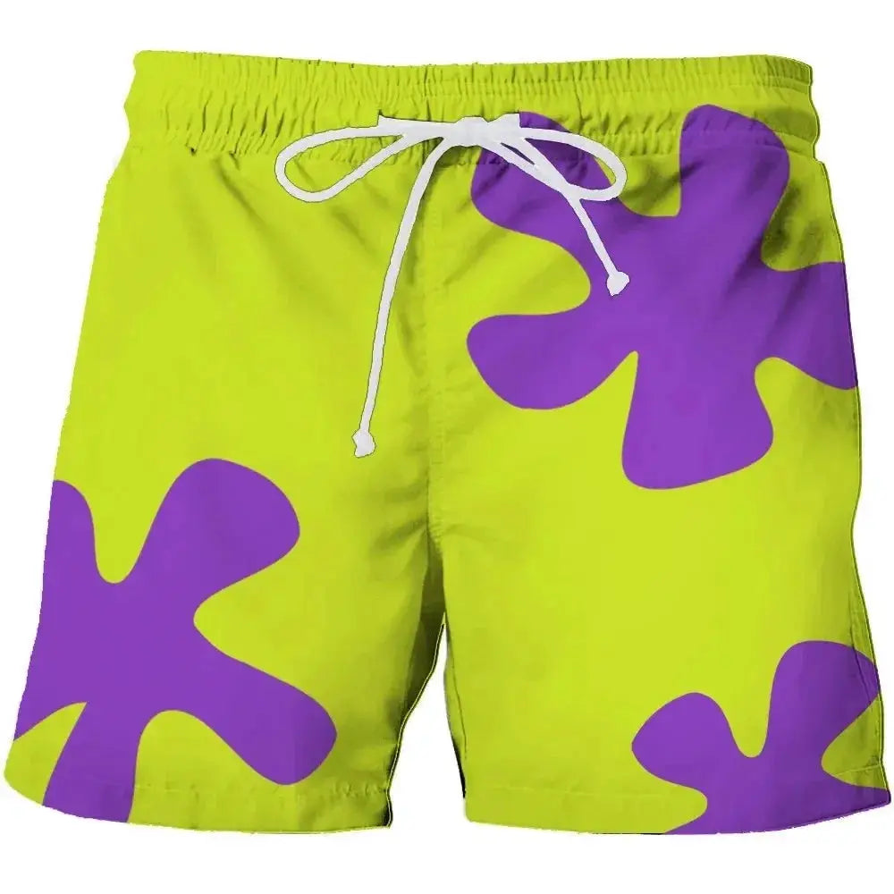 Board shorts with lime green base and purple abstract shapes, white drawstring.