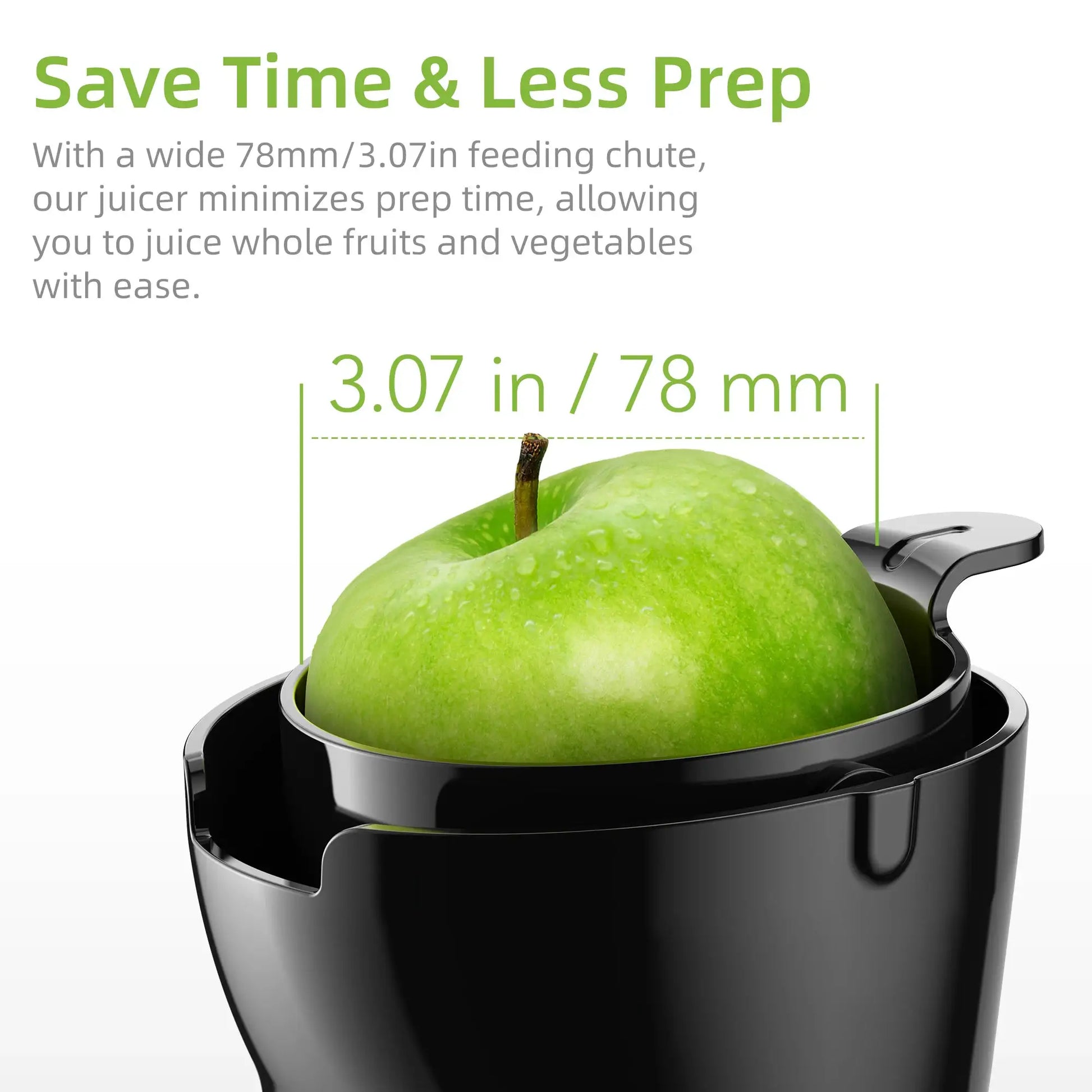 BioloMix Cold Press Juicer with 78mm feed chute; black body with a green apple inside.