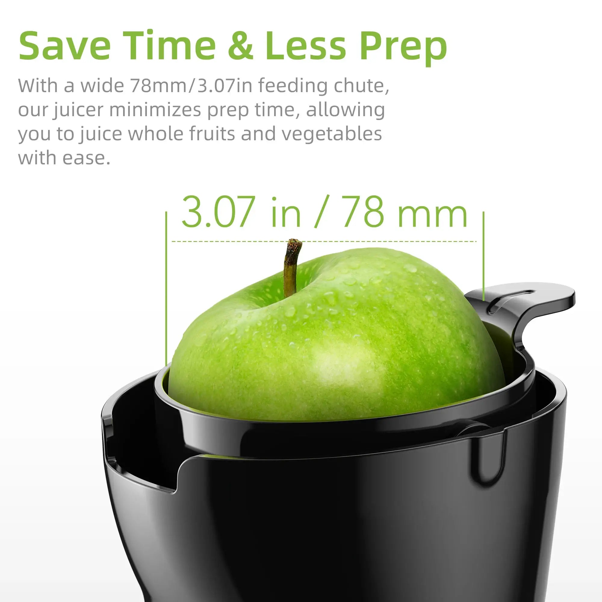 BioloMix Cold Press Juicer with 78mm feed chute; black body with a green apple inside.