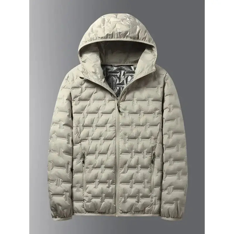Men's winter white hooded down jacket, quilted puffer with zip front and side pockets