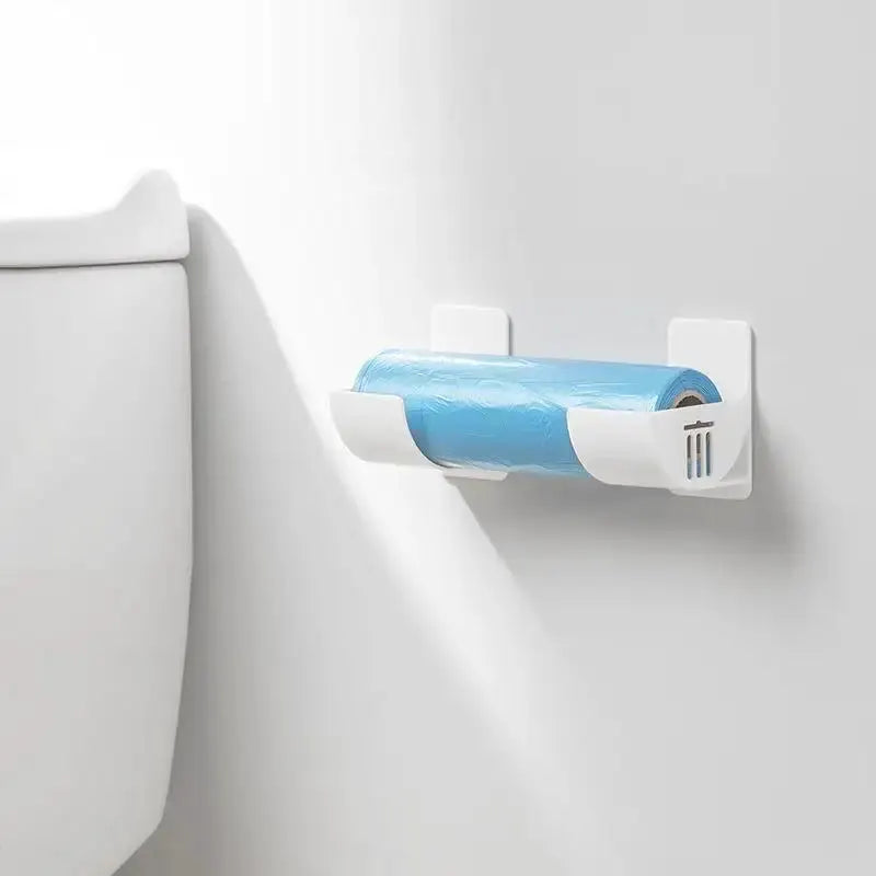 Storage rack, 4-pack, punch-free wall-mount for plastic wrap and garbage bags; white with blue roll.