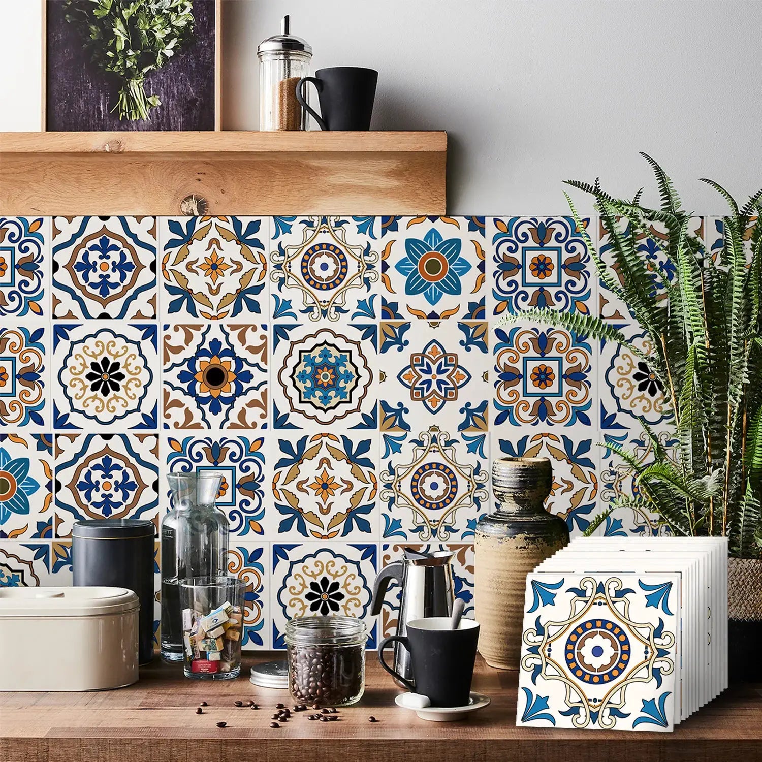 Tile self-adhesive wall stickers, 24pcs set; colorful ceramic patterns, peel-and-stick, waterproof backsplash decor
