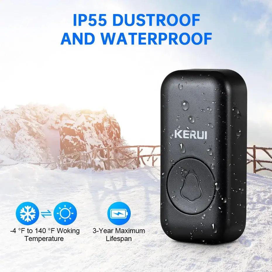 KERUI wireless doorbell, black waterproof outdoor chime with LED flash and adjustable volume.