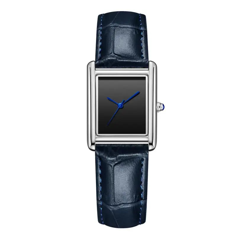 Wristwatch with rectangular silver case, dark gradient dial, blue hands, and navy blue leather strap.