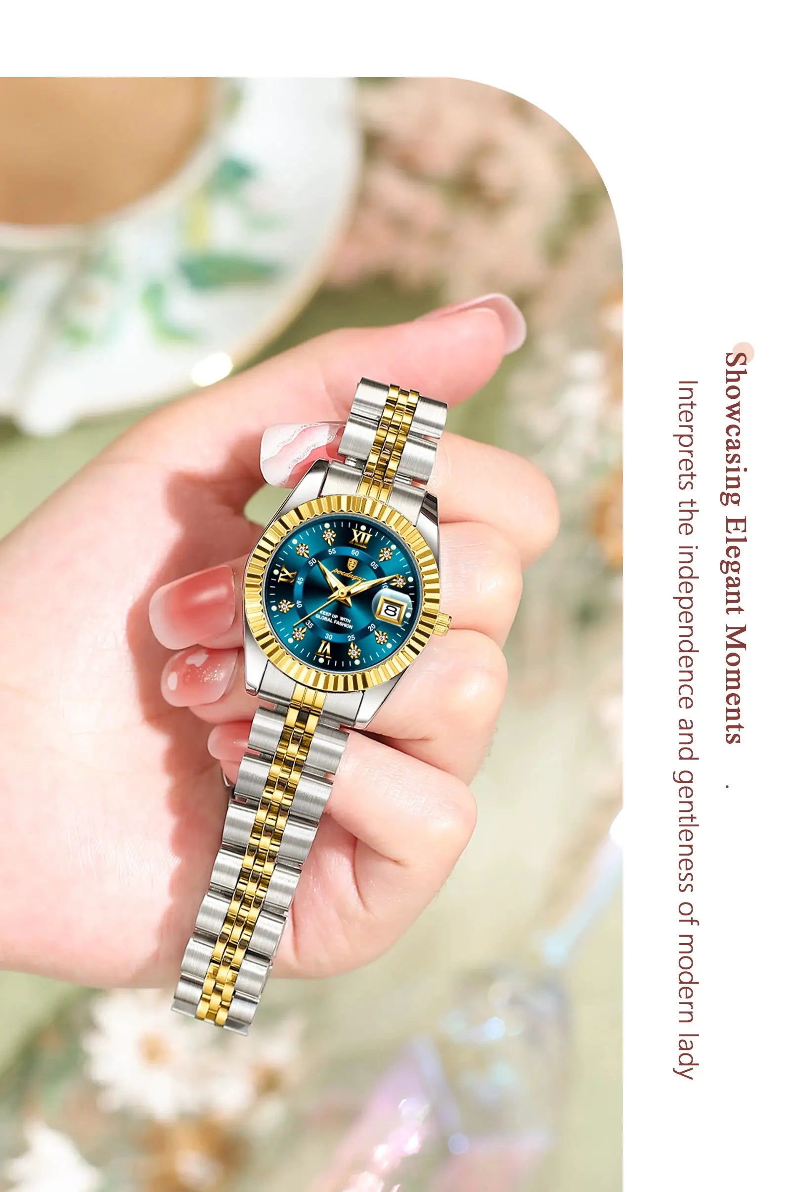POEDAGAR women's luxury watch; stainless steel two-tone bracelet, blue dial, gold bezel, date window