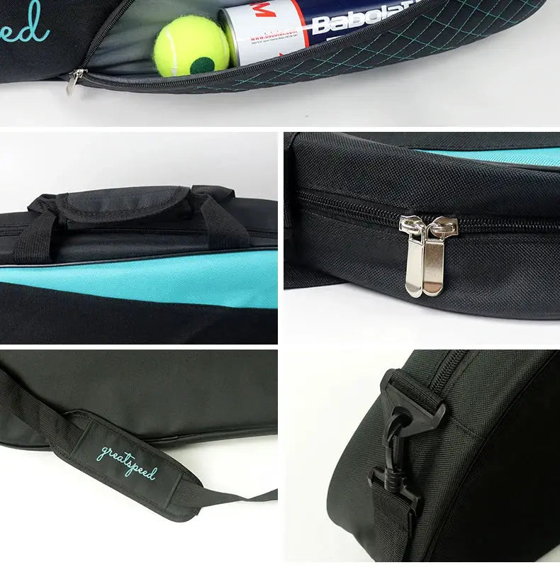 Greatspeed racket bag for tennis and badminton, black with turquoise trim, adjustable shoulder strap with logo