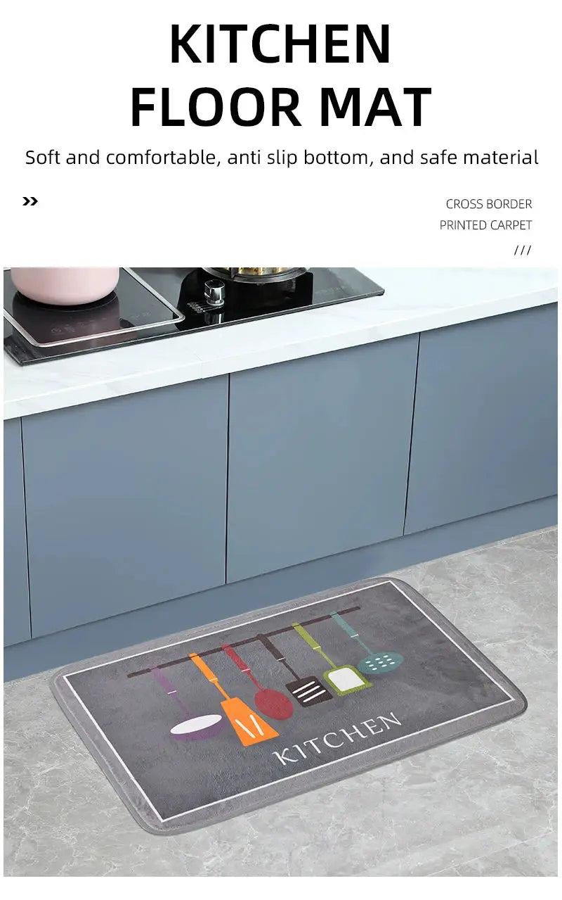 Kitchen floor mat, gray with utensil graphics and the word KITCHEN.