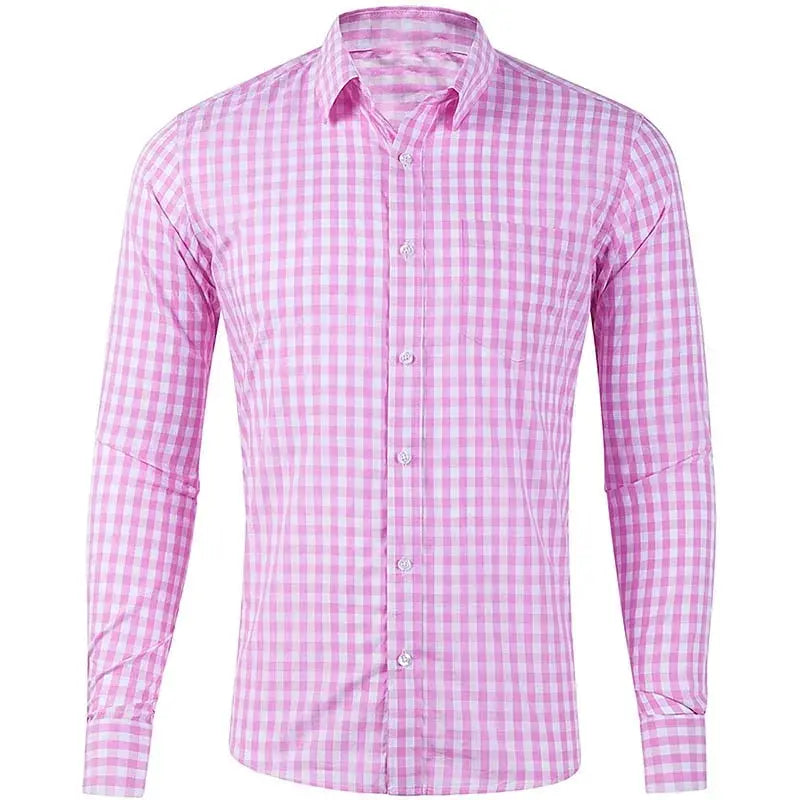 Men's pink and white plaid long-sleeve shirt with button-front and chest pocket by Simples Market